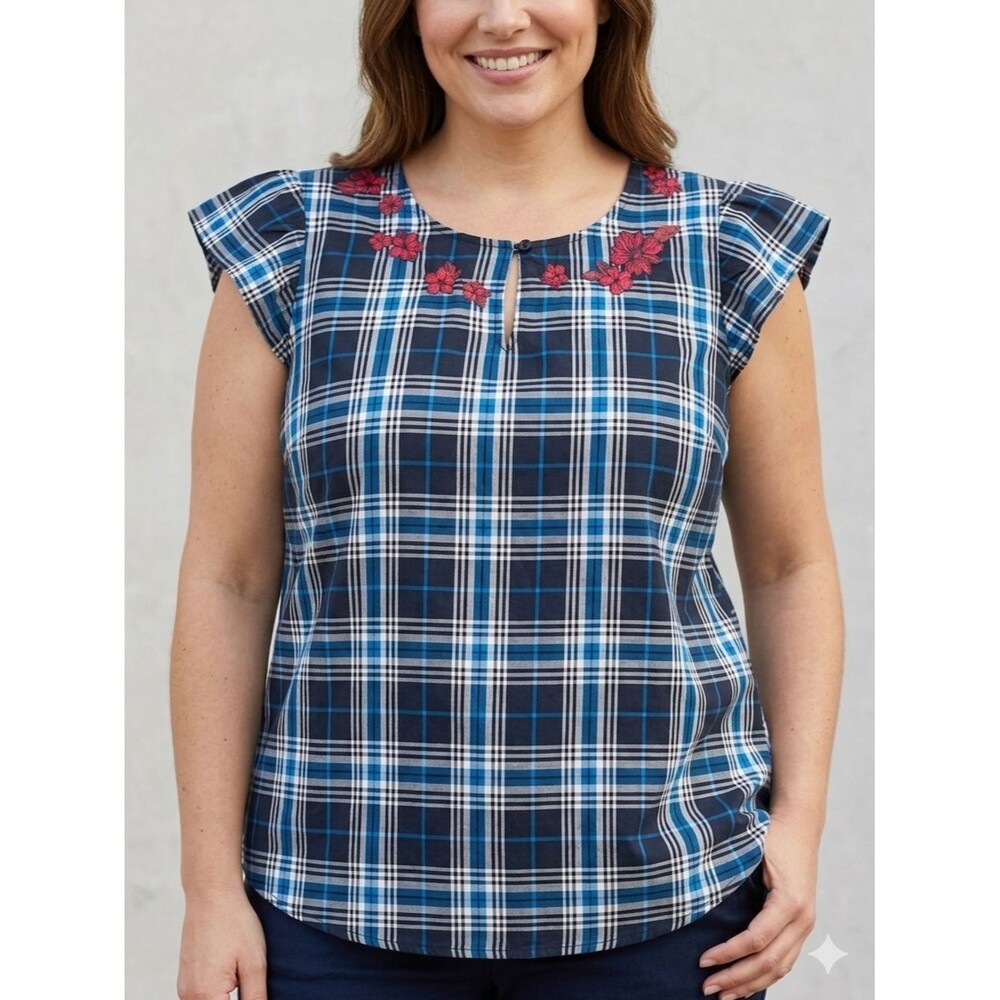 Liz Claiborne Blue Plaid Embroidered Floral Flutter Sleeve Top Cotton XL